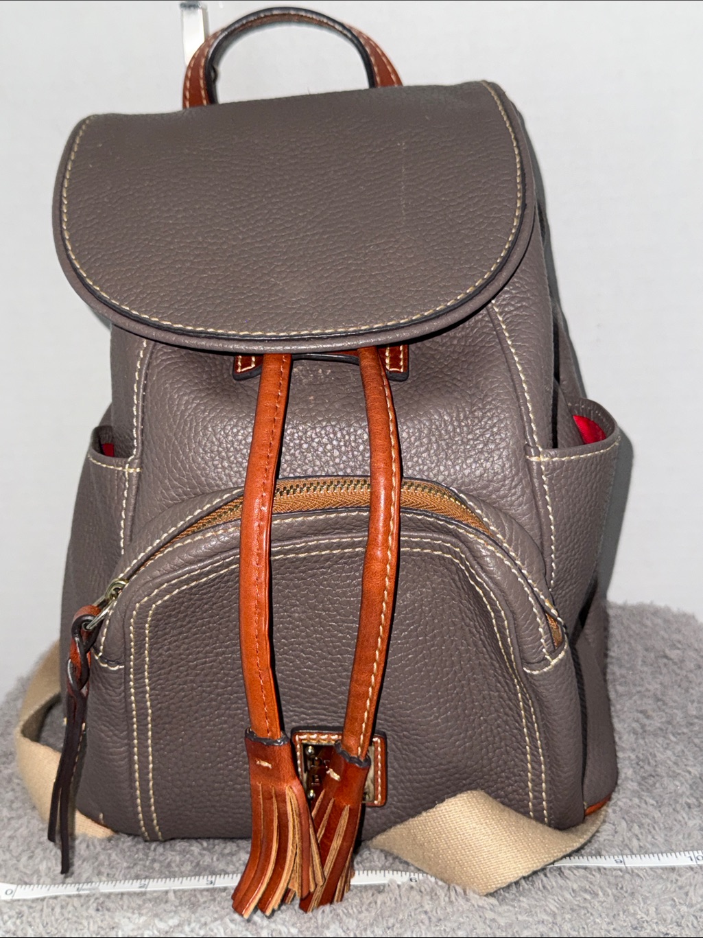 Dooney & Bourke Taupe Pebbled Leather Backpack With Brown Trim